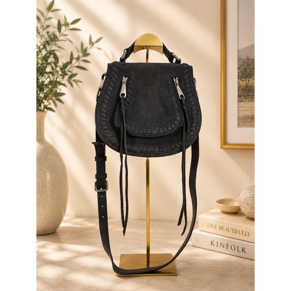 Rebecca Minkoff Vanina Black Leather Suede Whipstitch Tassel Crossbody Bag